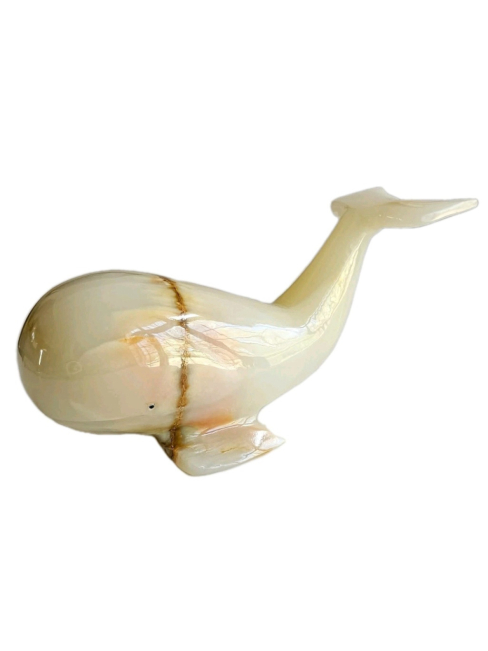 Vintage Polished Onyx Whale Figurine - Mid-Century Modern Stone Sculpture - 9"